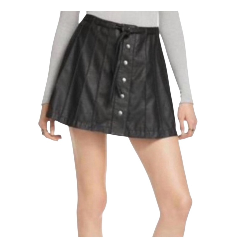 Free People Black‎ Vegan Faux Leather Pleated Button Front Mini Skirt Size 4